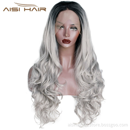 Aisi Hair Cheap Synthetic Ombre Gray Dark Root Wig Long Wavy Lace Frontal Wig Body Wave Party Lace Front Hair Wigs For Women